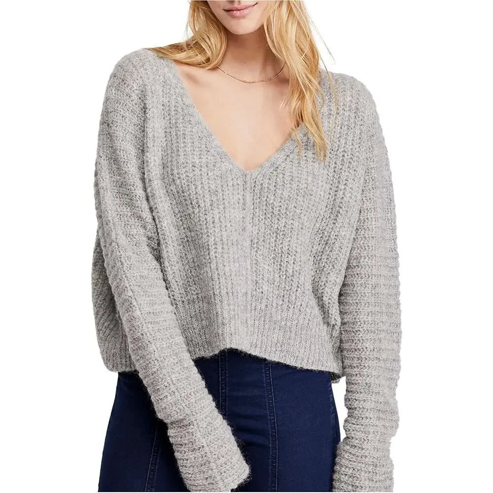 Free People Women's Moonbeam V‎ Alpaca Blend Knit Oversize Sweater Gray Size S